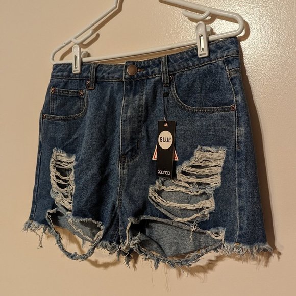 Boohoo Blue Jenna High Rise Distressed Jean Shorts - Picture 3 of 6